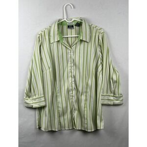 DCC Woman Striped Button Up Shirt Womens Plus 18/20 3/4 Sleeve Stretch Green Wh